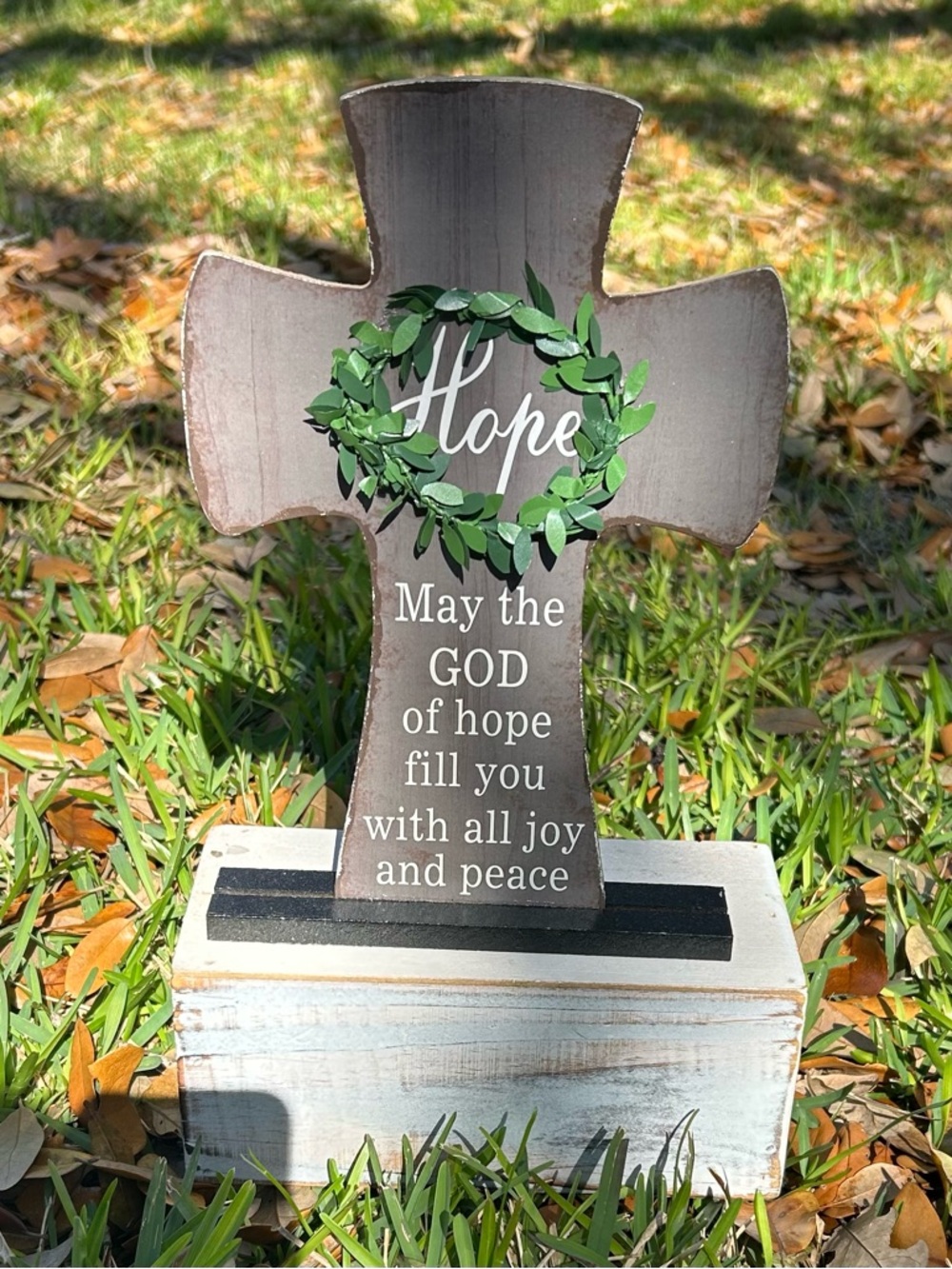 5/$25 Hope Wooden Cross with Green Wreath - Faith Decor